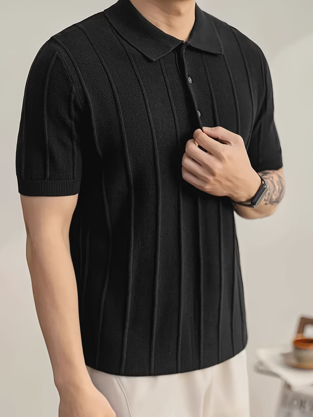 Black Vertical Rib Knit Short-Sleeve Polo Shirt