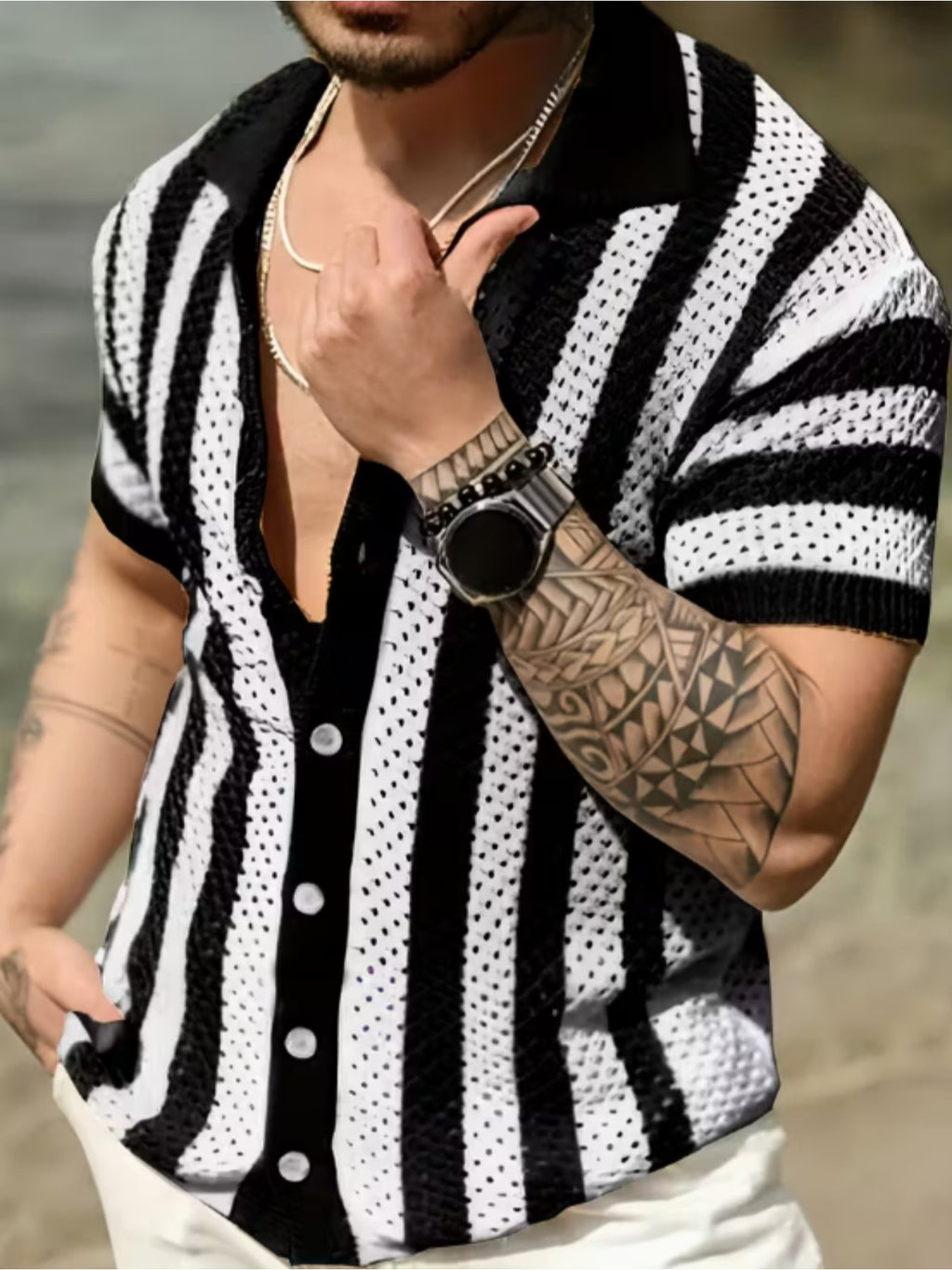 Black & White Striped Open-Knit Short-Sleeve Polo Shirt