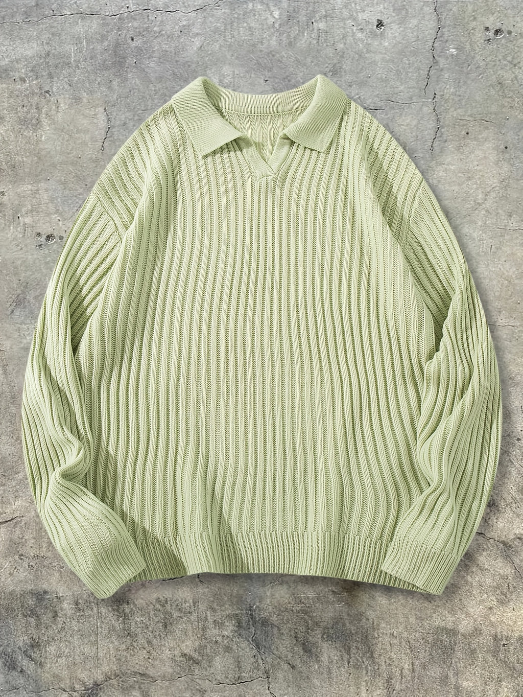 Light Mint Green Vertical Rib Knit Polo Sweater