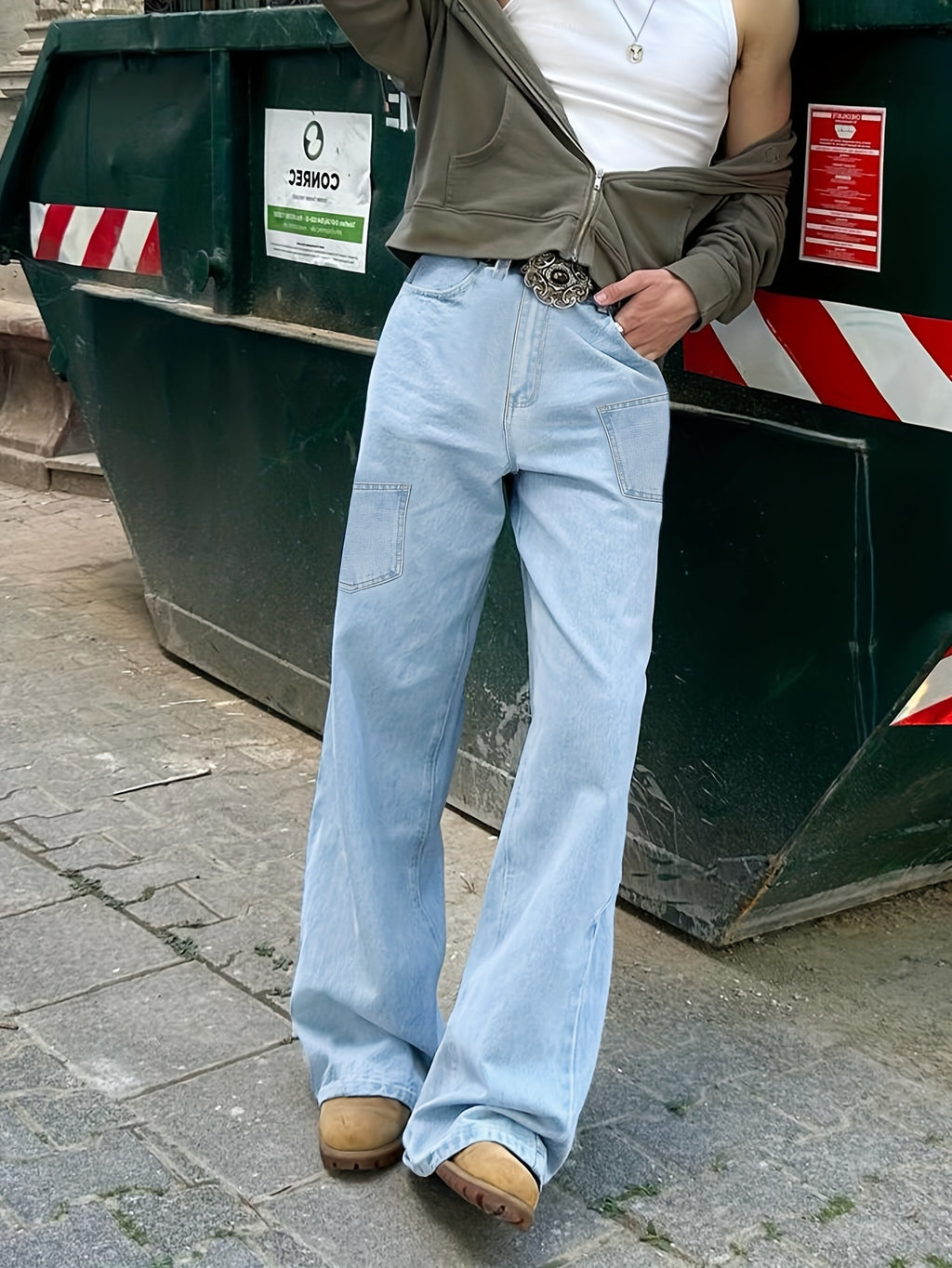 Light Blue Washed Wide-Leg Cargo Jeans