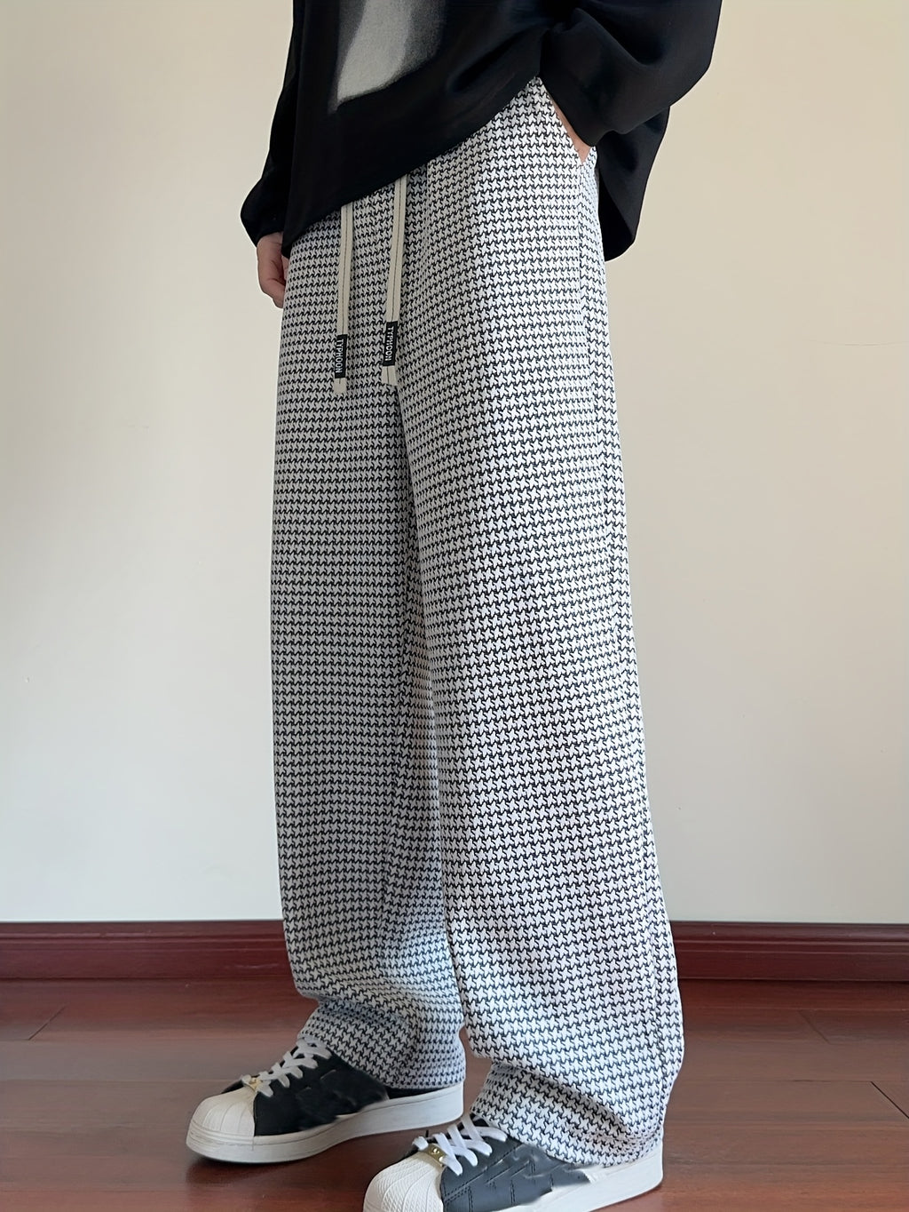 Black & White Houndstooth Oversized Wide-Leg Pants