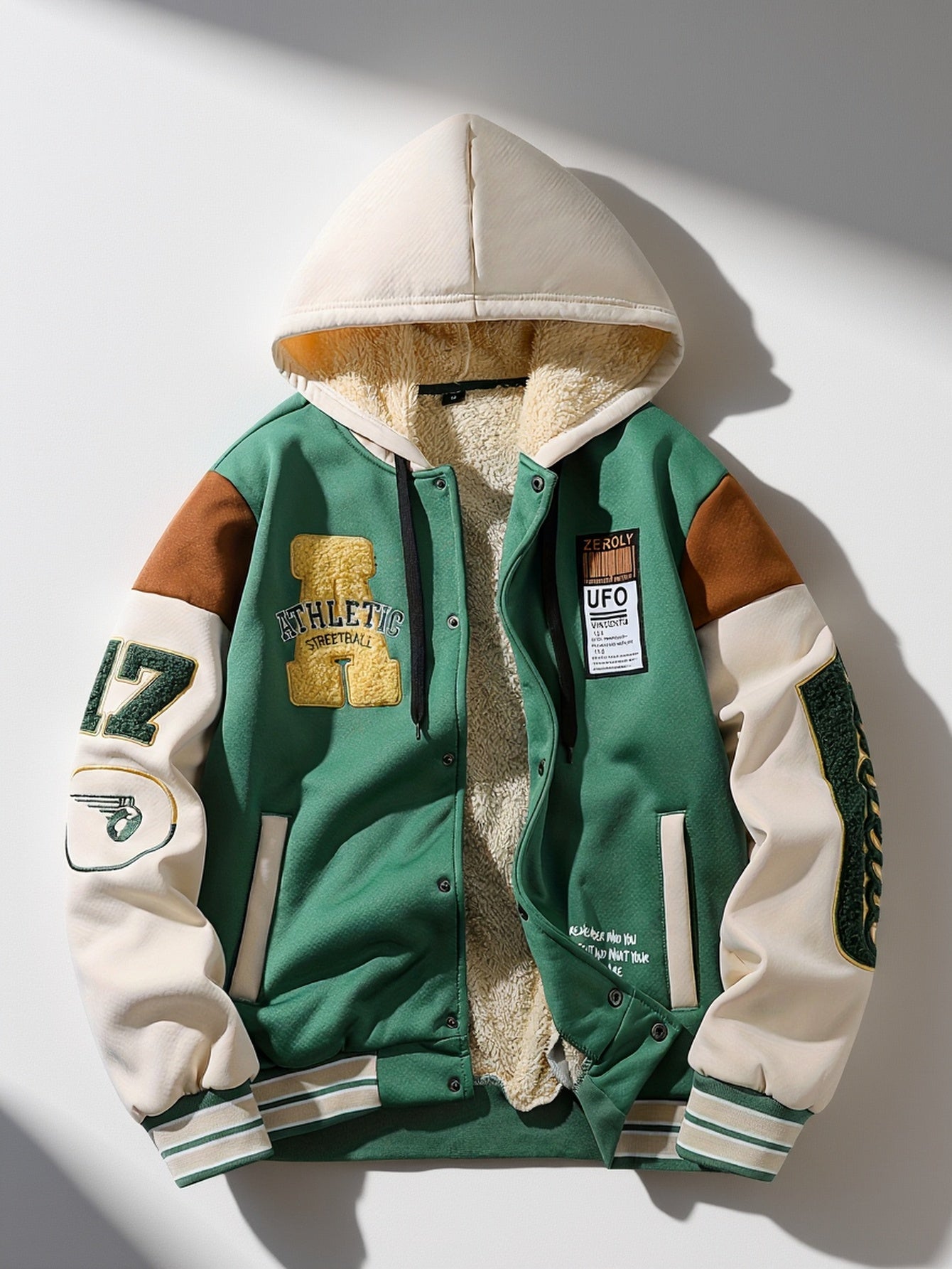Green & Cream Fleece-Lined Hooded Varsity Jacket