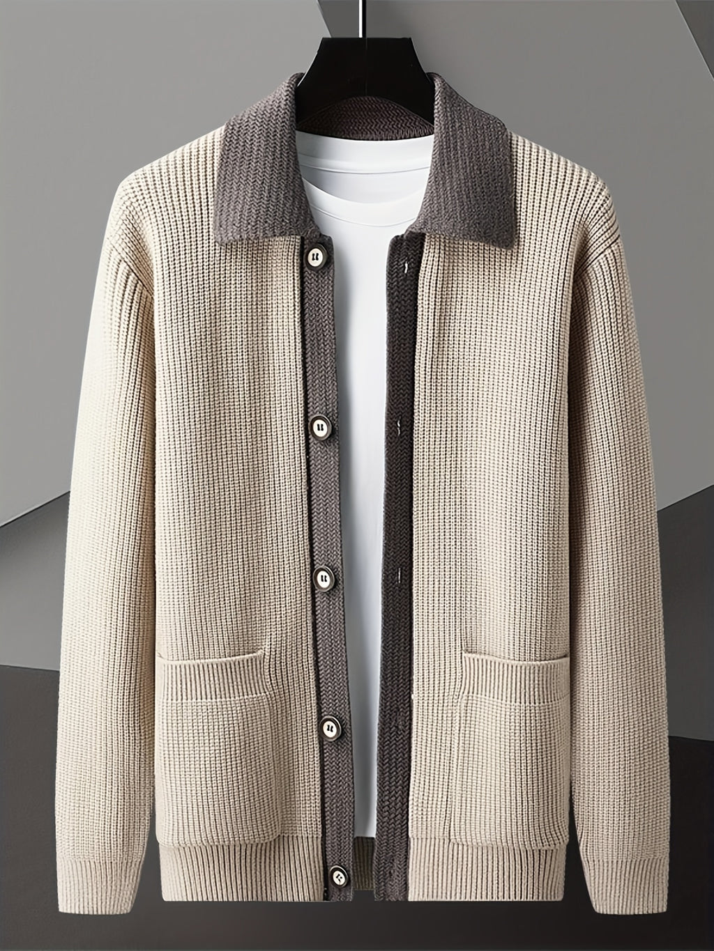 Beige & Charcoal Contrast Collar Waffle Knit Cardigan