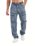 Medium Blue Washed Denim Cargo Jeans with Elastic Waist
