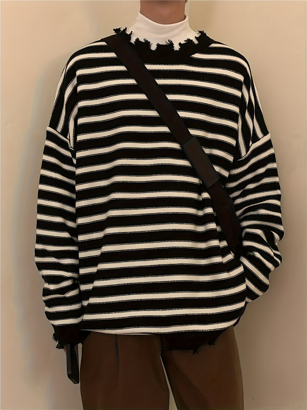 Black & White Stripe Oversized Distressed Knit Crewneck Sweater