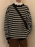 Black & White Stripe Oversized Distressed Knit Crewneck Sweater