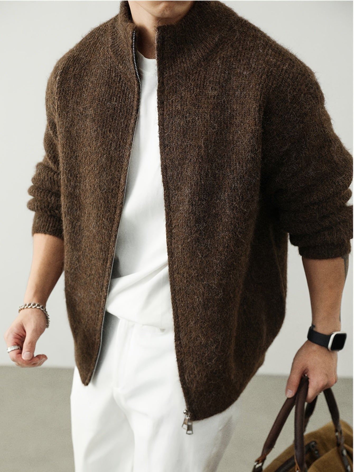 Dark Brown Fuzzy Knit Stand-Collar Zip-Up Cardigan