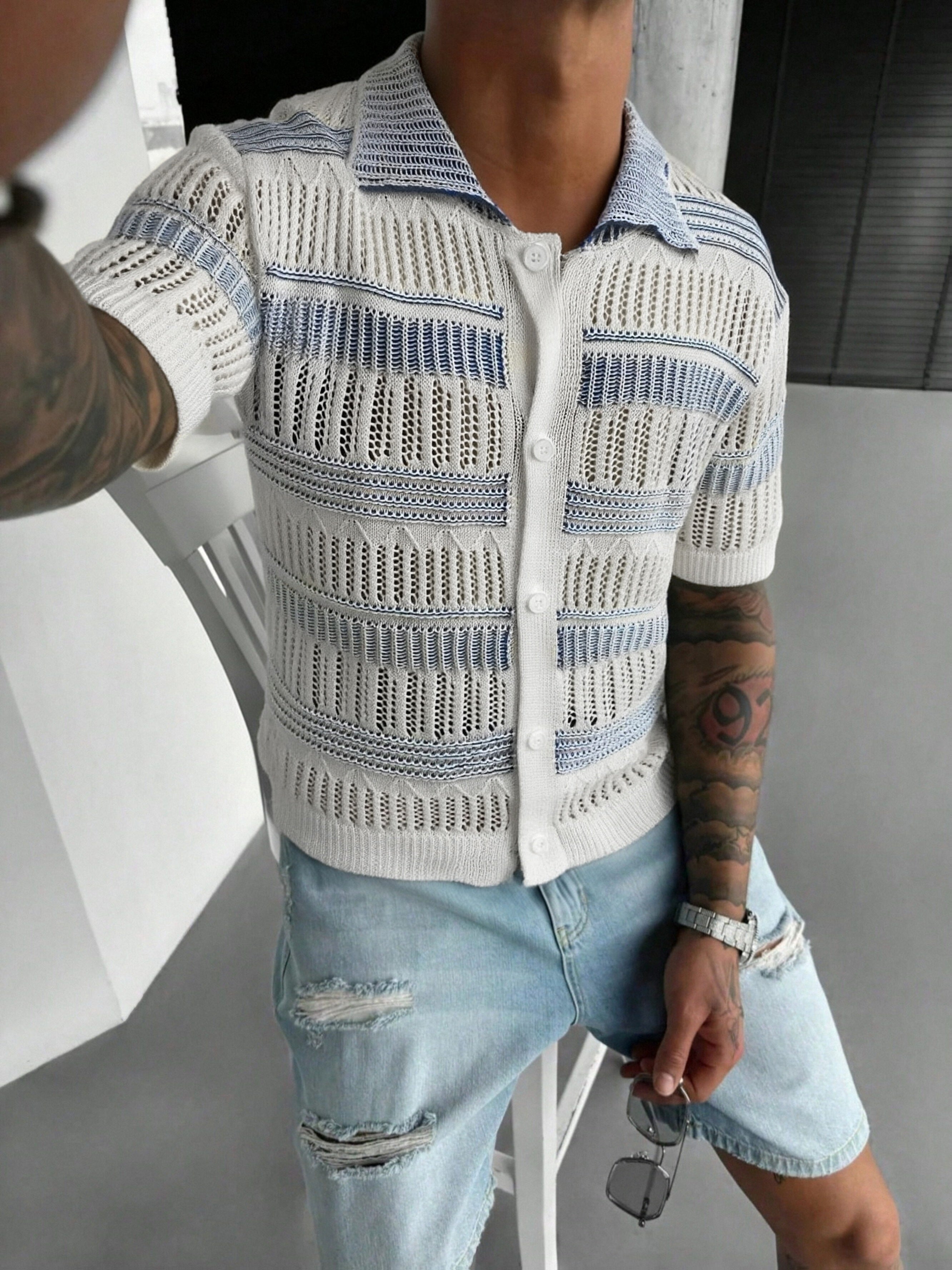 White & Blue Openwork Knit Short-Sleeve Polo Cardigan