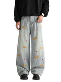 Light Blue Washed Wide-Leg Jeans with Puppy Embroidery