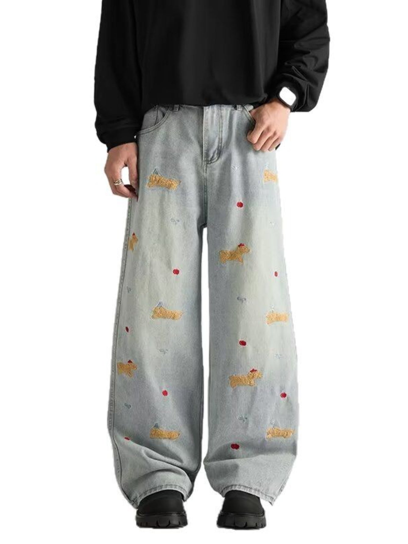 Light Blue Washed Wide-Leg Jeans with Puppy Embroidery