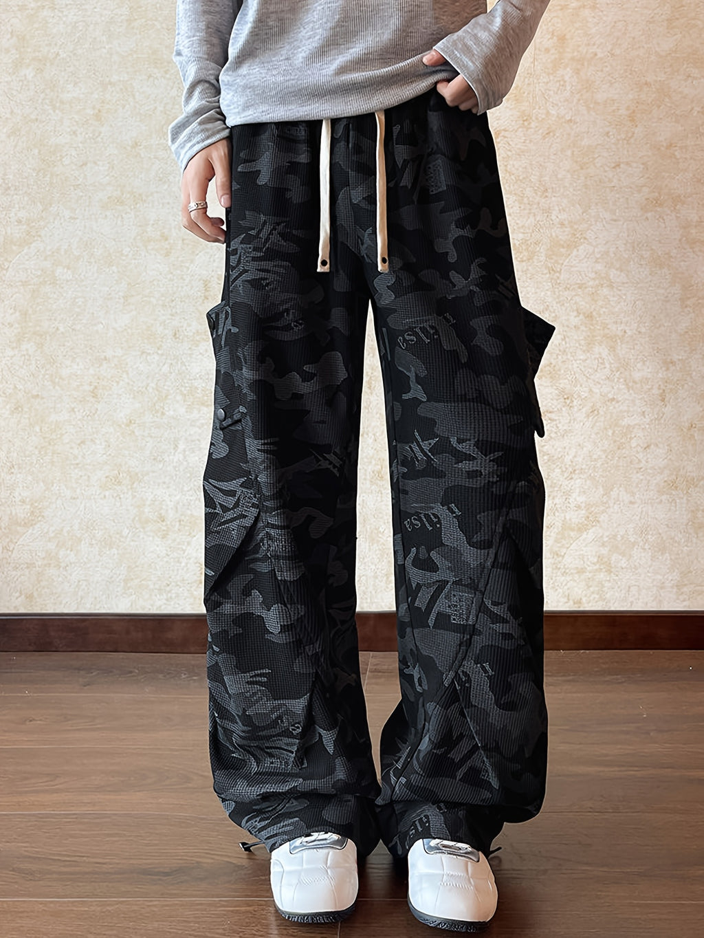 Black Camo Print Oversized Wide-Leg Cargo Pants