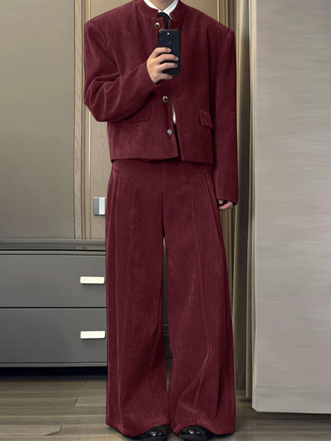 Burgundy Corduroy 2-Piece Set (Cropped Jacket + Wide-Leg Pants)