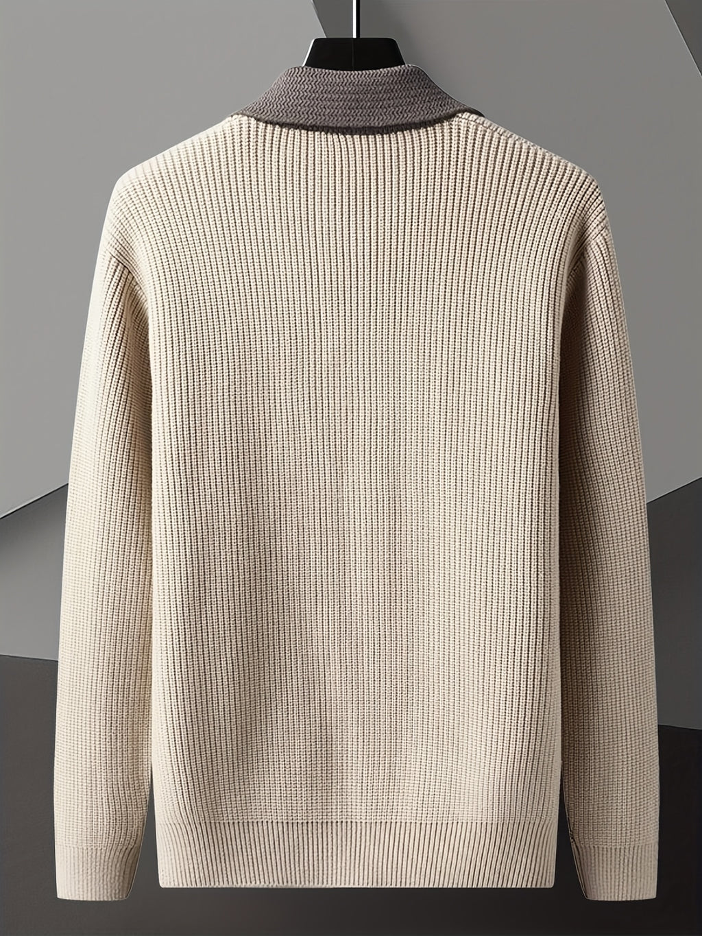 Beige & Charcoal Contrast Collar Waffle Knit Cardigan
