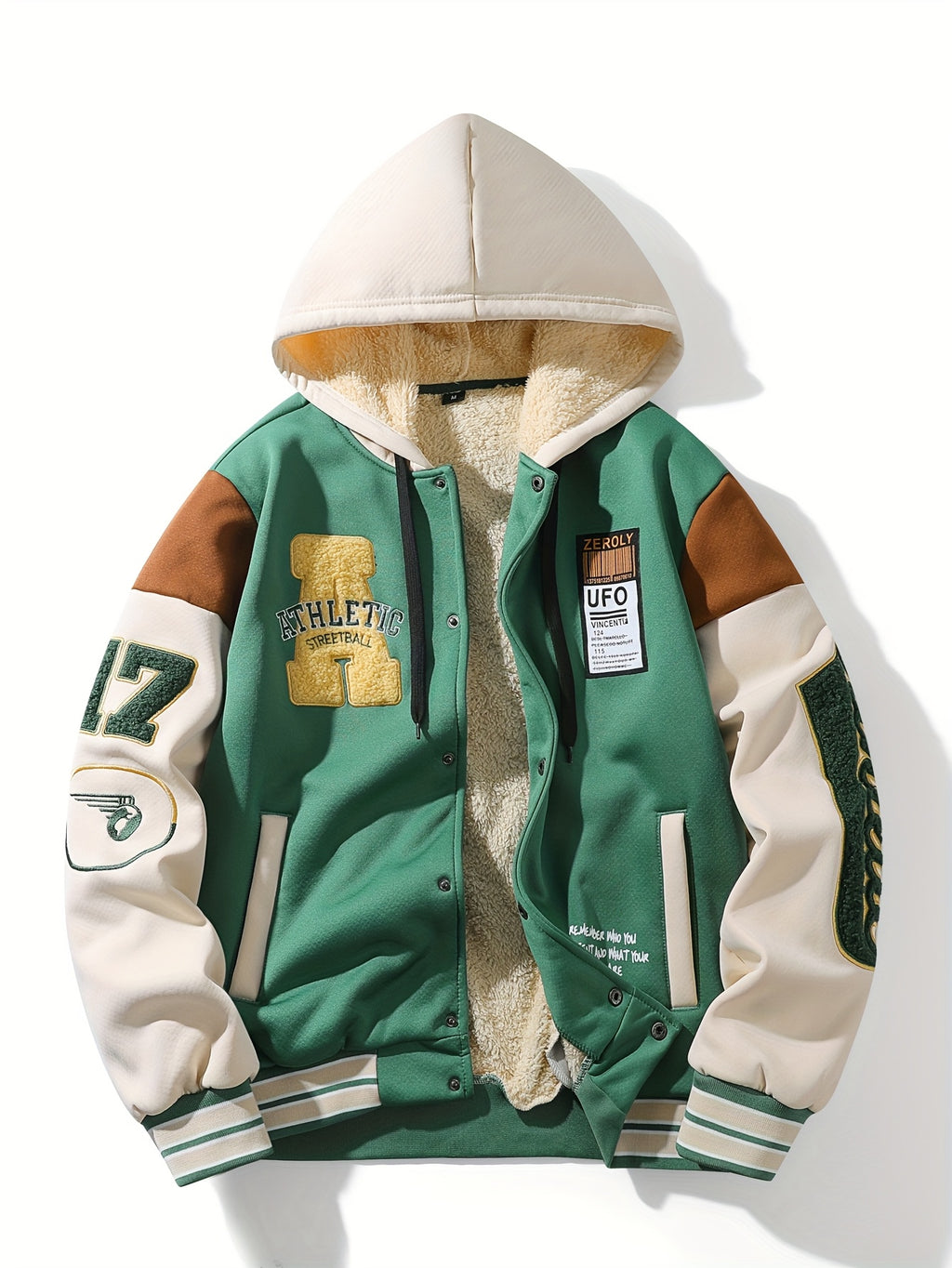 Green & Cream Fleece-Lined Hooded Varsity Jacket