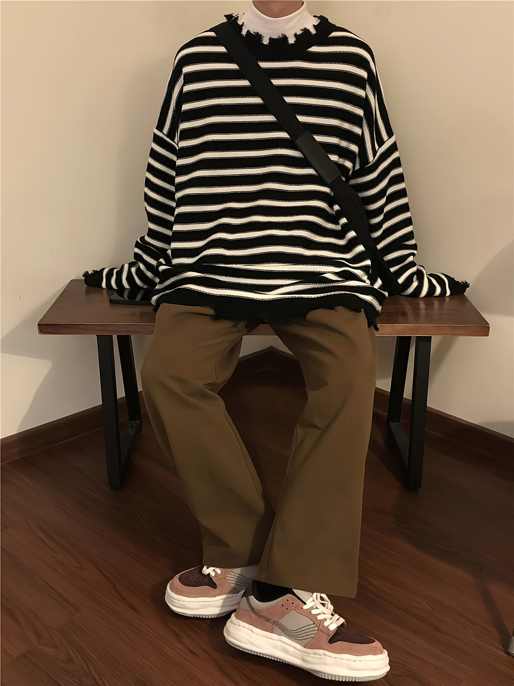 Black & White Stripe Oversized Distressed Knit Crewneck Sweater