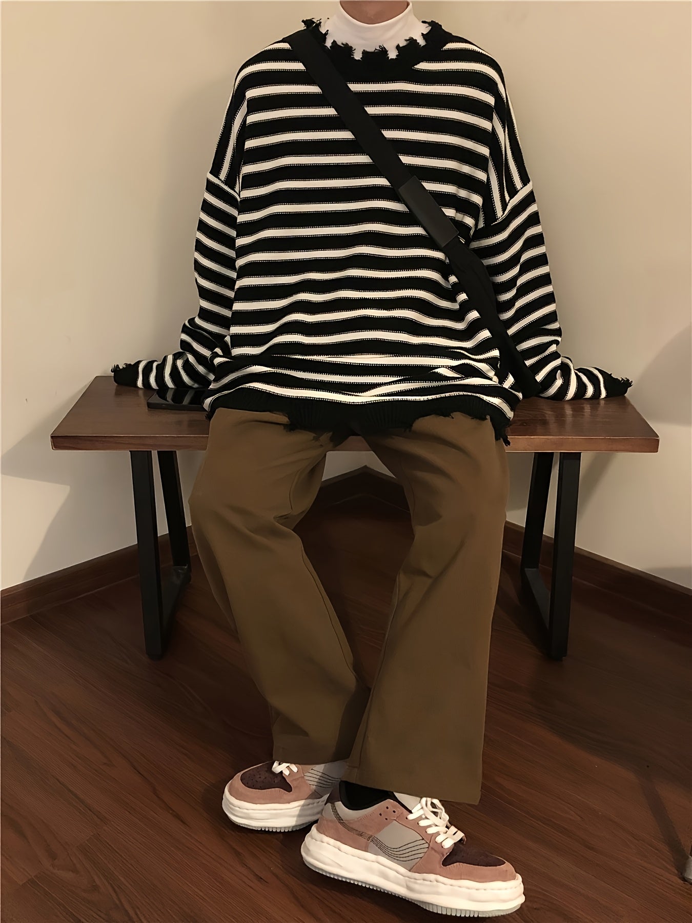 Black & White Stripe Oversized Distressed Knit Crewneck Sweater