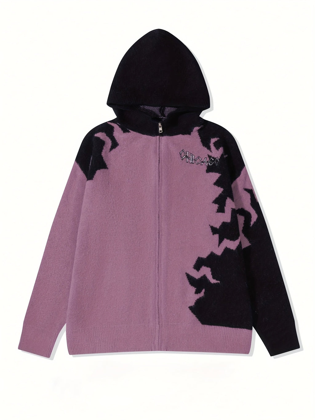 Dusty Purple & Black Skull Graphic Zip-Up Hooded Knit Sweater