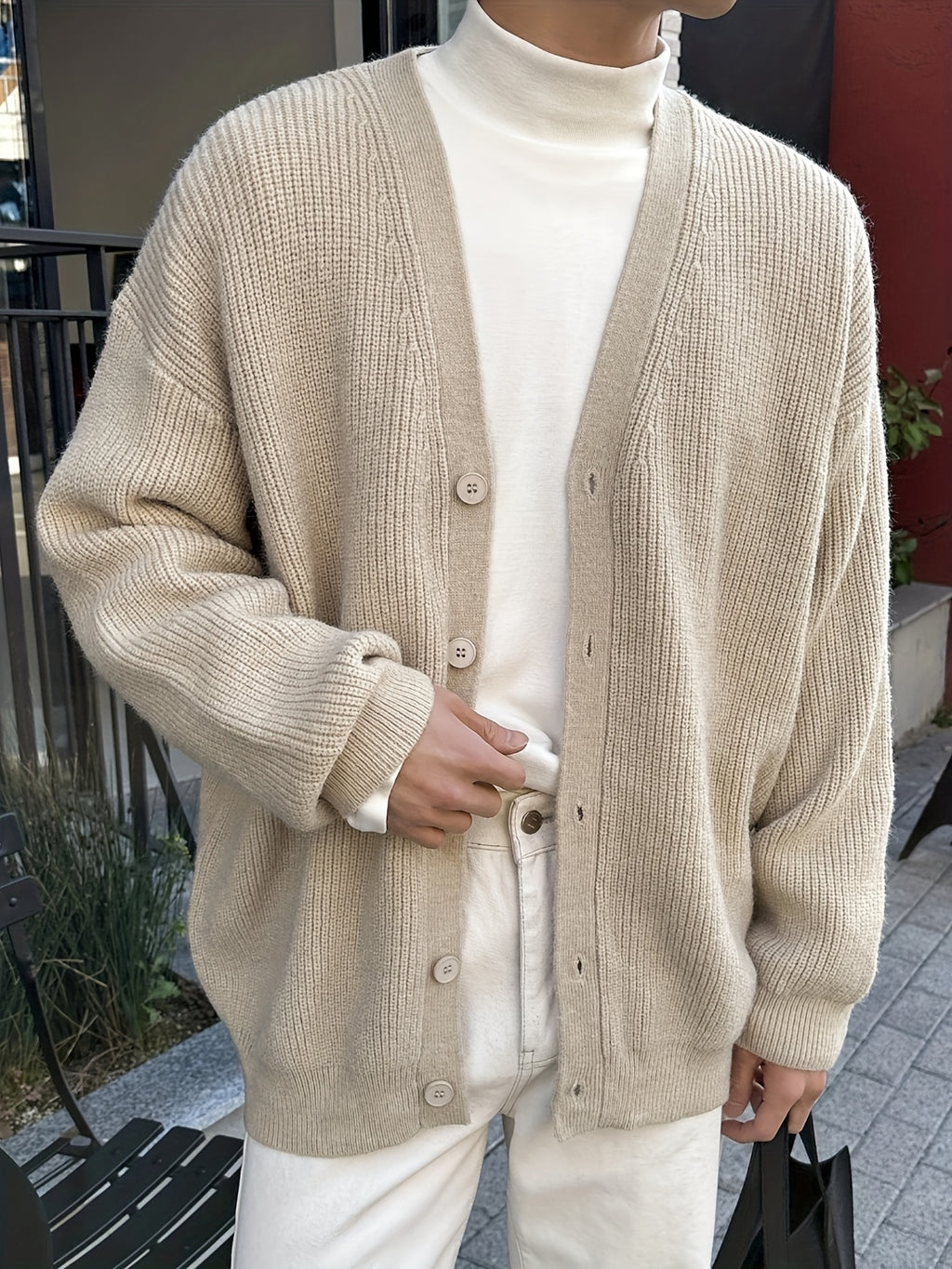 Beige Vertical Rib Knit Oversized V-Neck Cardigan