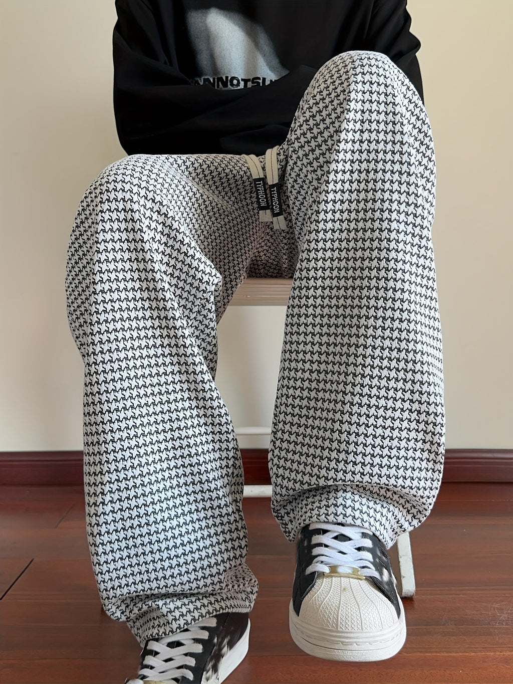 Black & White Houndstooth Oversized Wide-Leg Pants