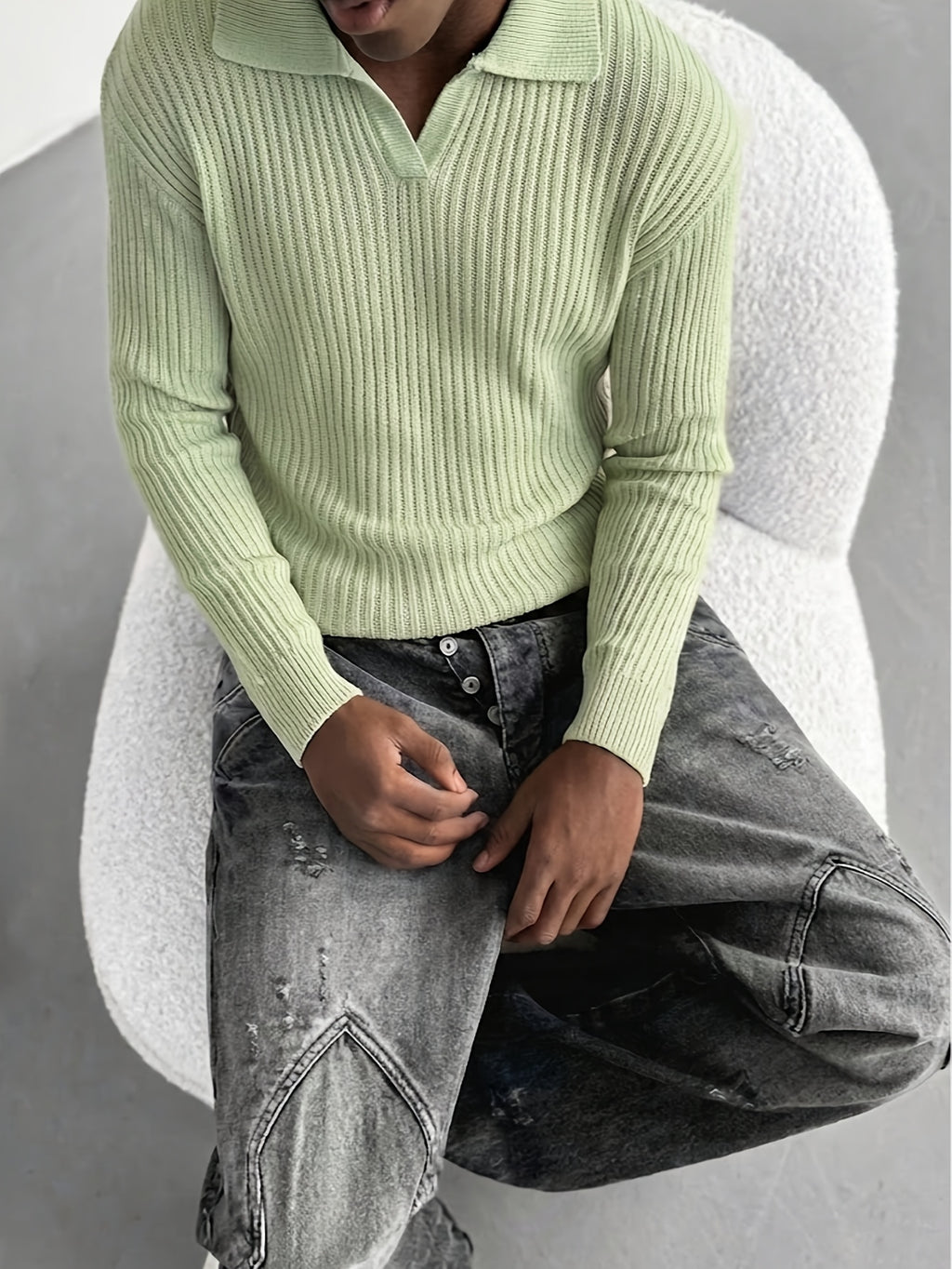 Light Mint Green Vertical Rib Knit Polo Sweater