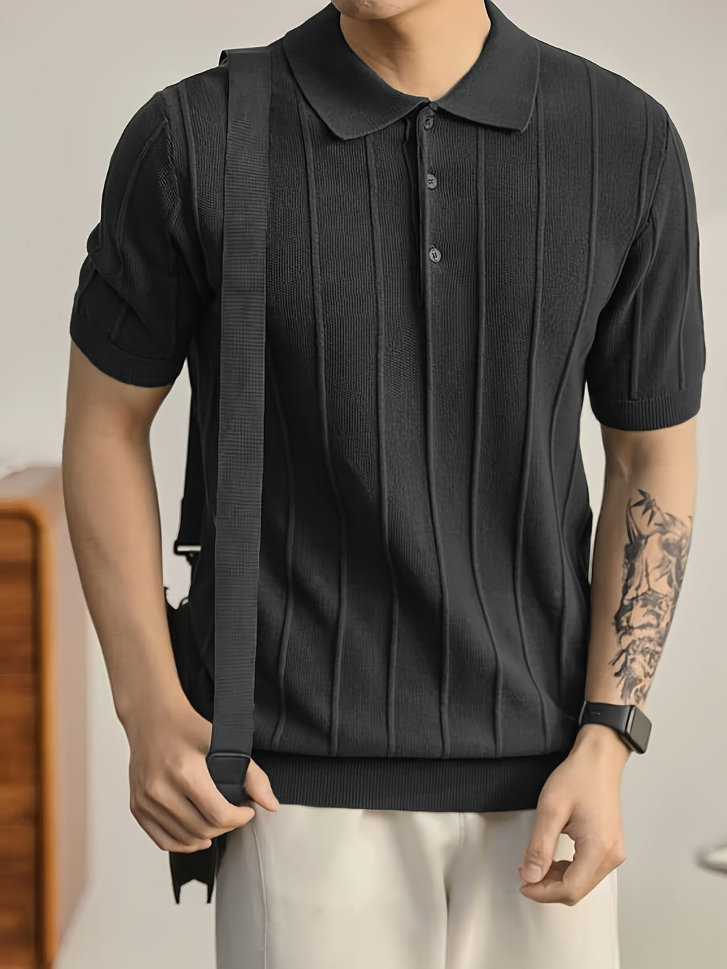 Black Vertical Rib Knit Short-Sleeve Polo Shirt