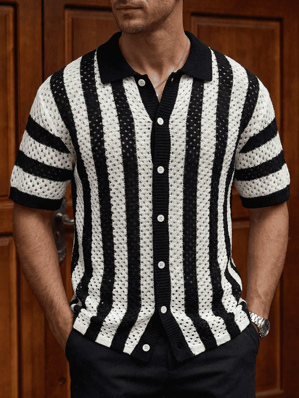 Black & White Striped Open-Knit Short-Sleeve Polo Shirt