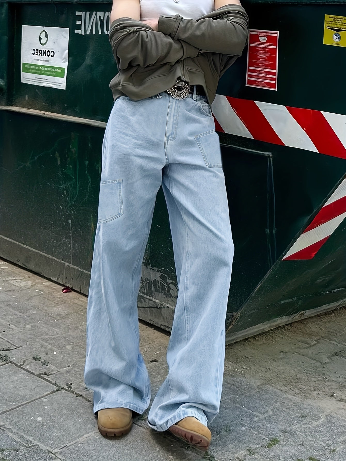Light Blue Washed Wide-Leg Cargo Jeans