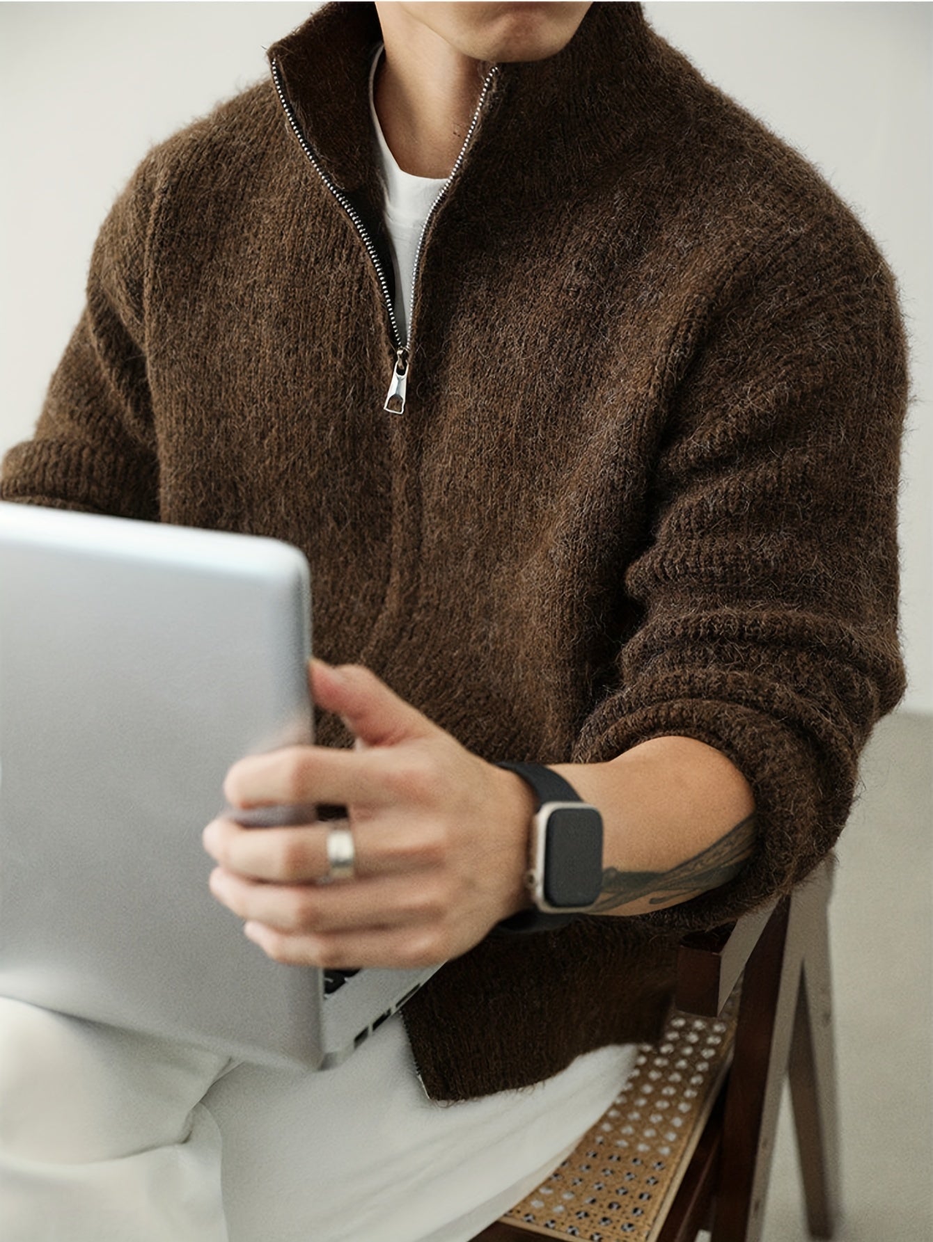 Dark Brown Fuzzy Knit Stand-Collar Zip-Up Cardigan