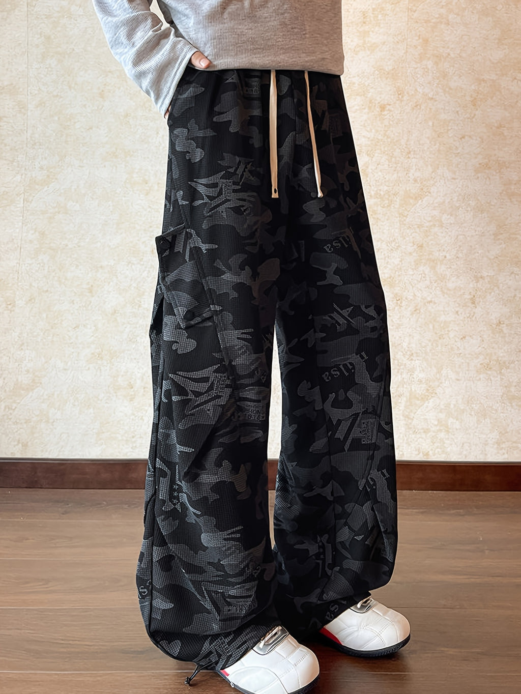 Black Camo Print Oversized Wide-Leg Cargo Pants