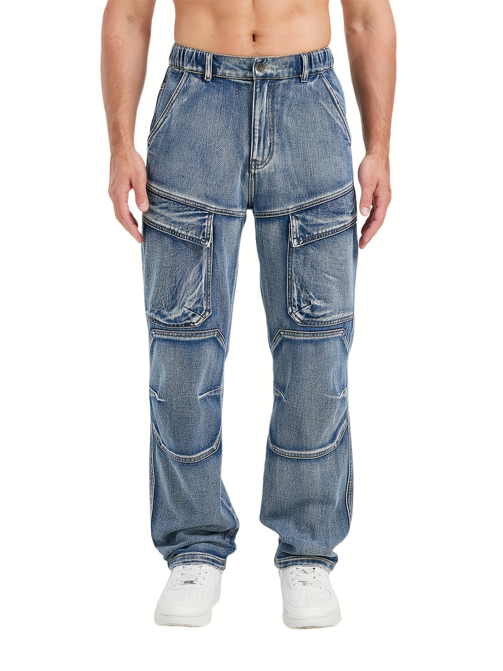 Medium Blue Washed Denim Cargo Jeans with Elastic Waist
