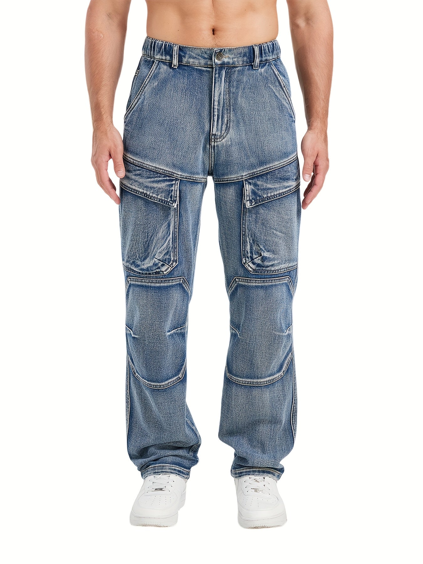 Medium Blue Washed Denim Cargo Jeans with Elastic Waist