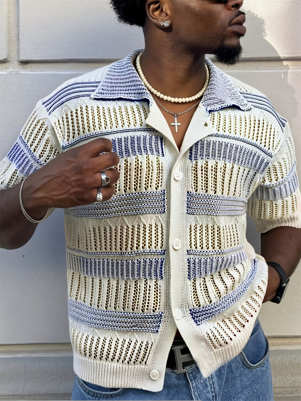 White & Blue Openwork Knit Short-Sleeve Polo Cardigan