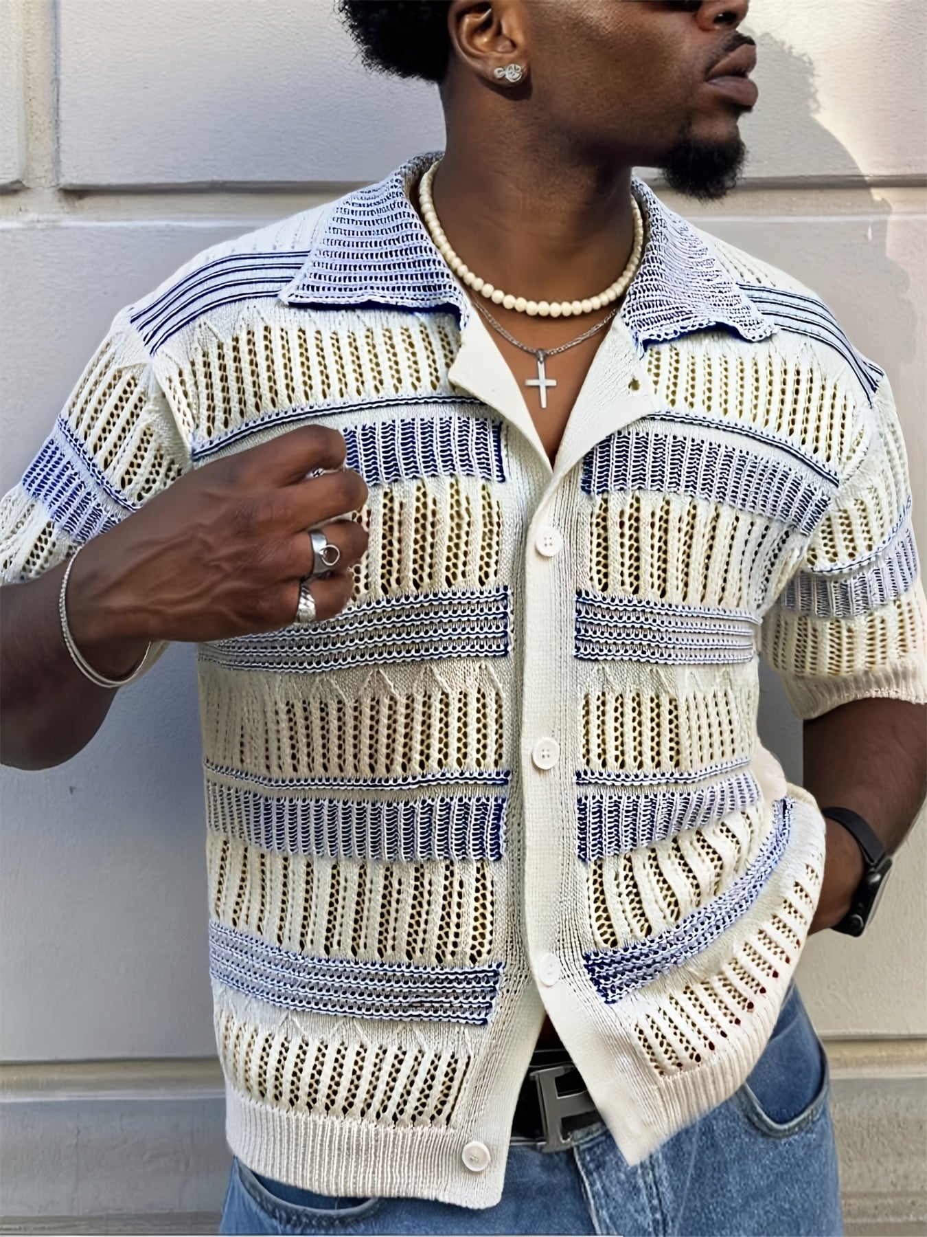 White & Blue Openwork Knit Short-Sleeve Polo Cardigan