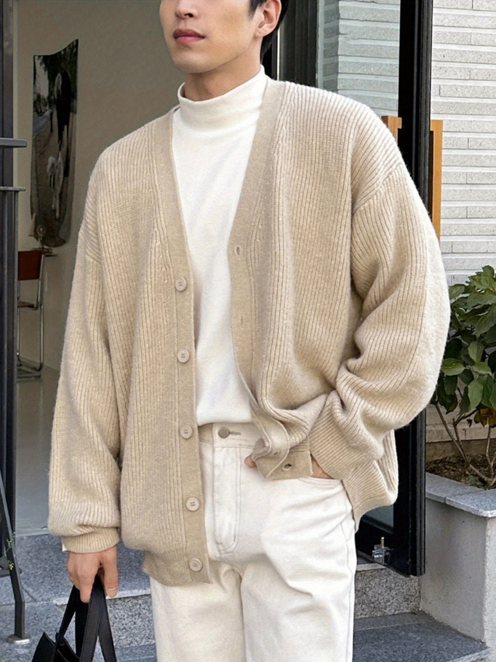 Beige Vertical Rib Knit Oversized V-Neck Cardigan