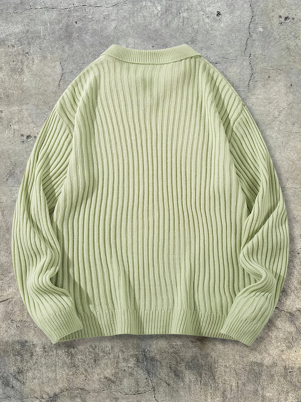 Light Mint Green Vertical Rib Knit Polo Sweater