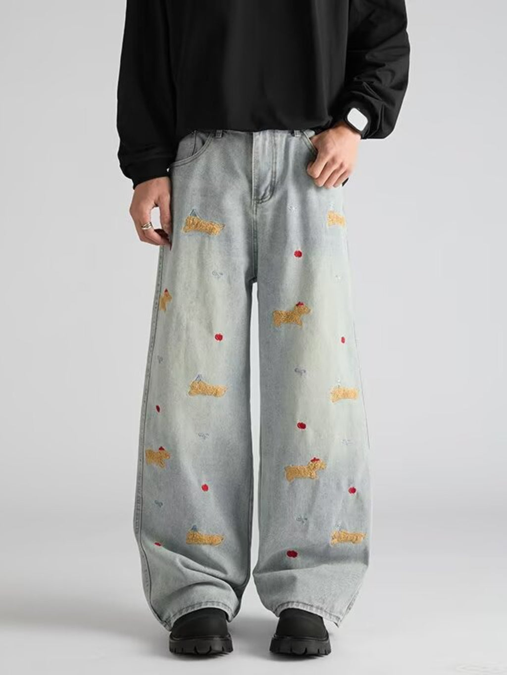 Light Blue Washed Wide-Leg Jeans with Puppy Embroidery