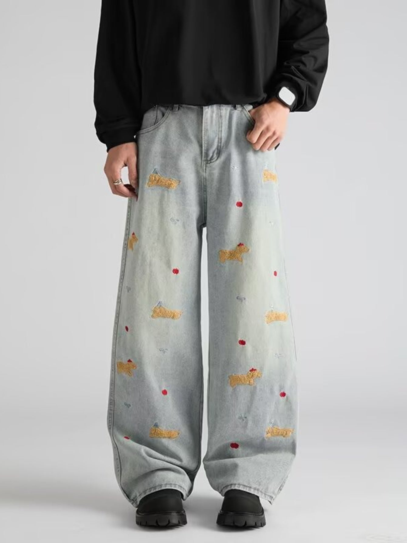 Light Blue Washed Wide-Leg Jeans with Puppy Embroidery