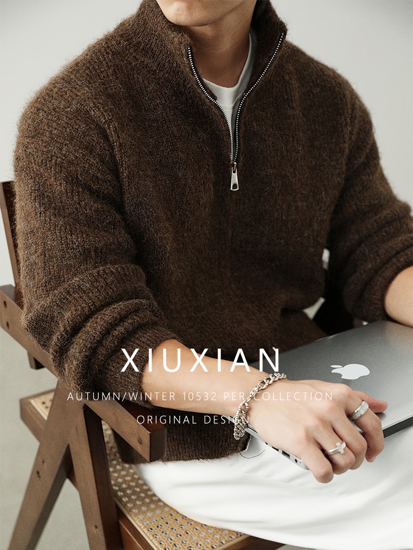 Dark Brown Fuzzy Knit Stand-Collar Zip-Up Cardigan