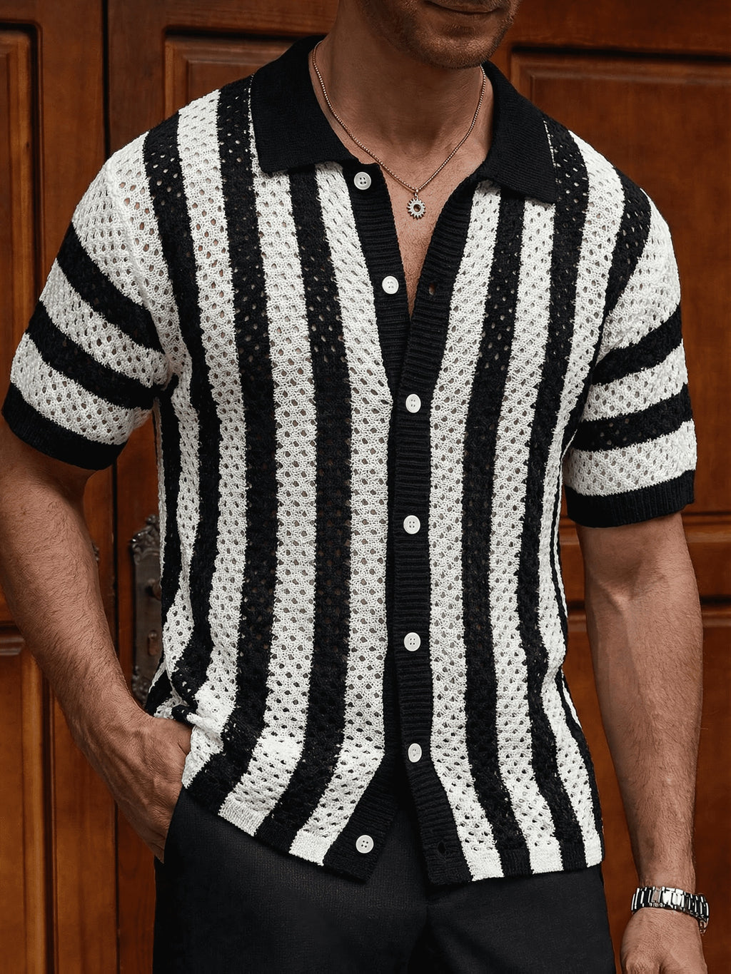 Black & White Striped Open-Knit Short-Sleeve Polo Shirt