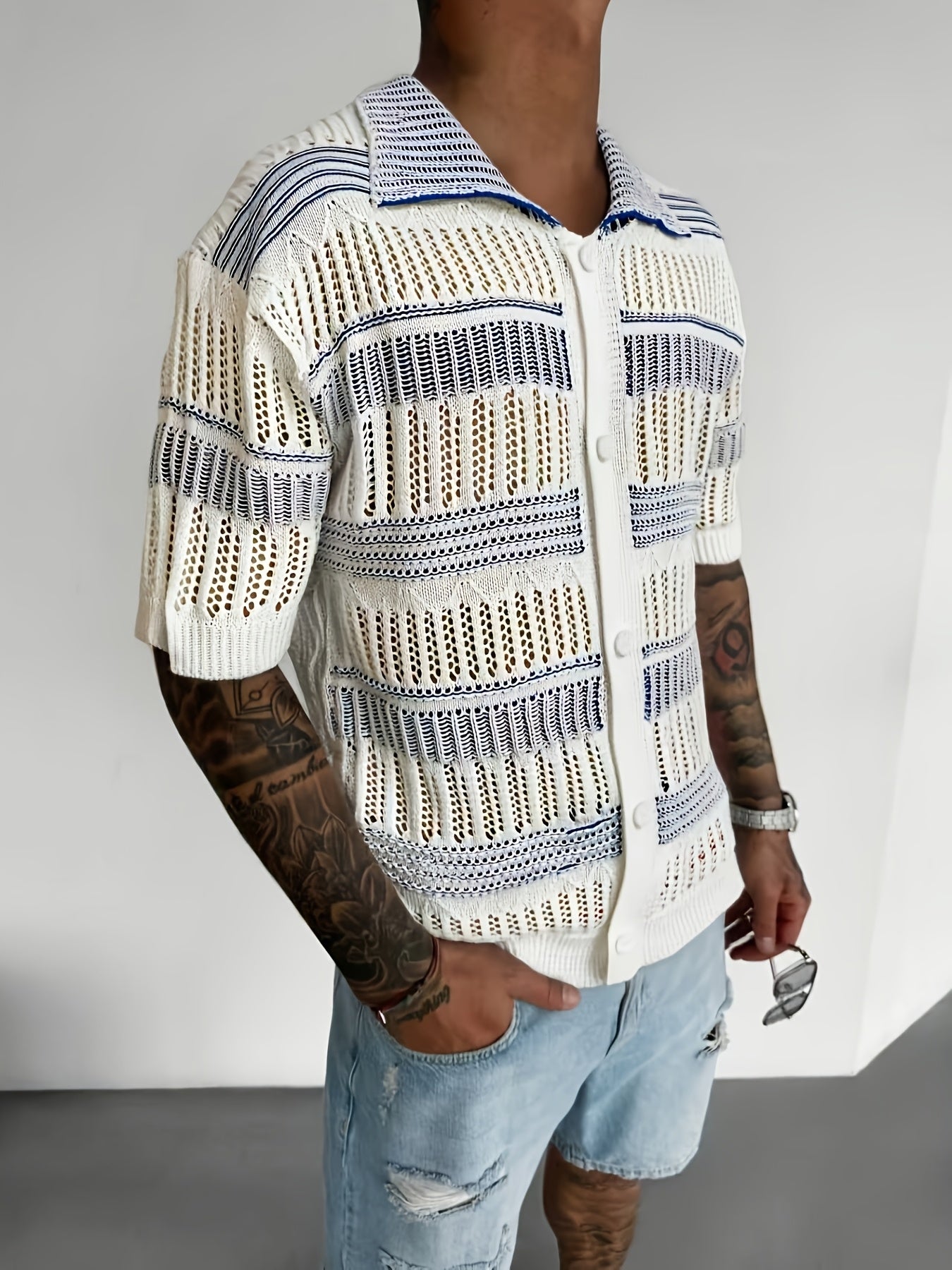 White & Blue Openwork Knit Short-Sleeve Polo Cardigan