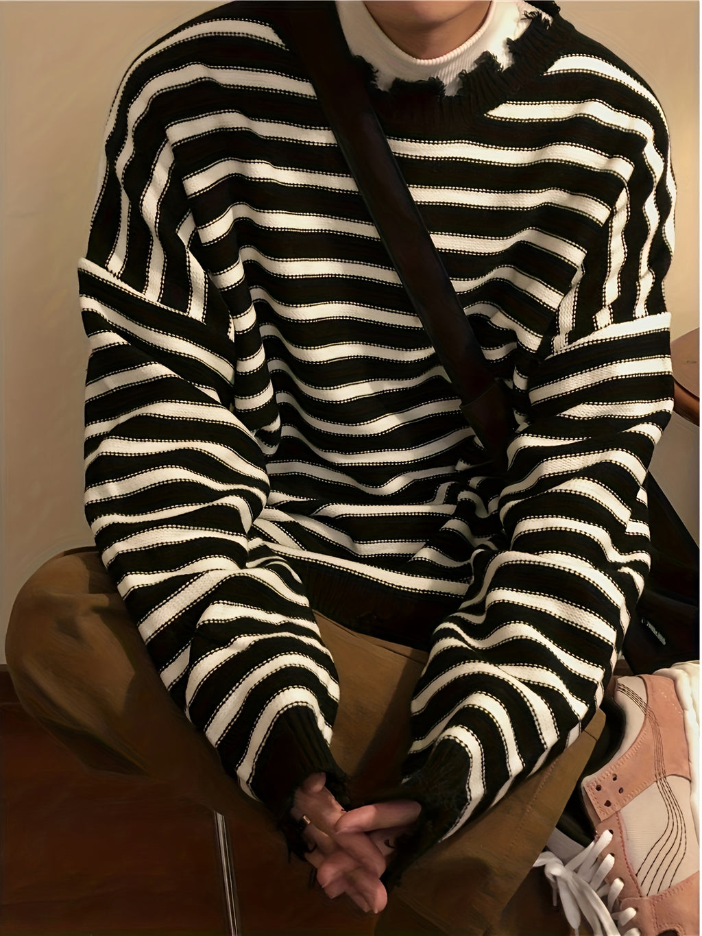 Black & White Stripe Oversized Distressed Knit Crewneck Sweater