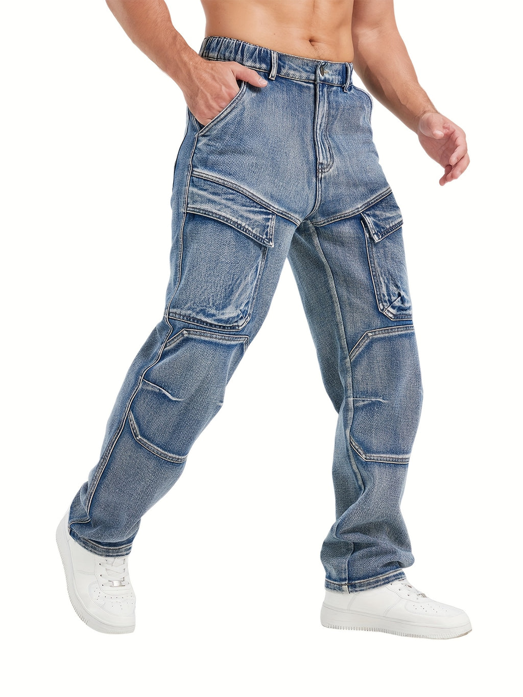 Medium Blue Washed Denim Cargo Jeans with Elastic Waist