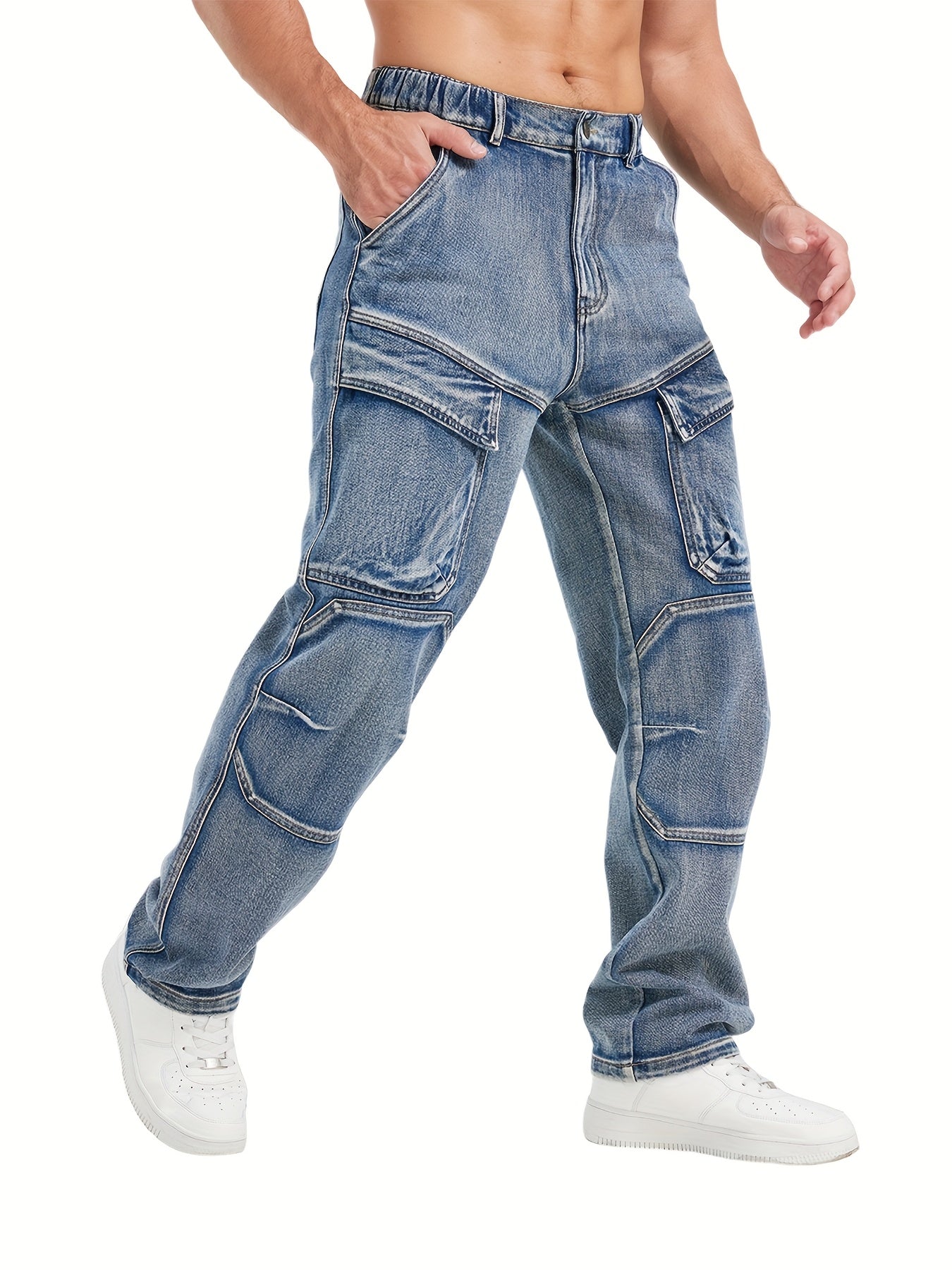 Medium Blue Washed Denim Cargo Jeans with Elastic Waist