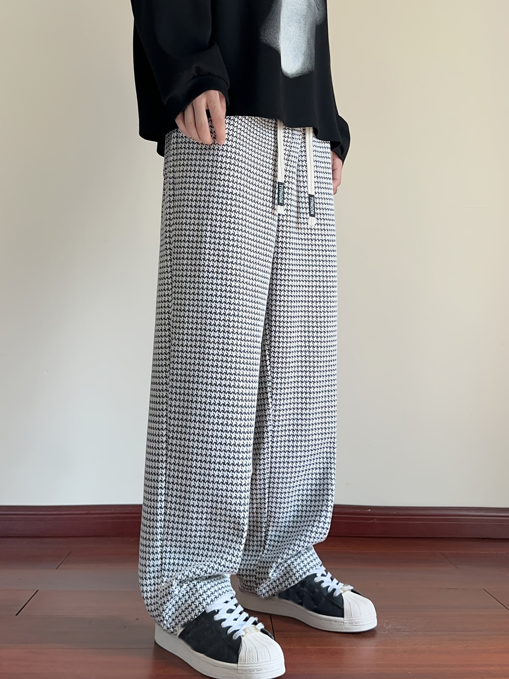 Black & White Houndstooth Oversized Wide-Leg Pants