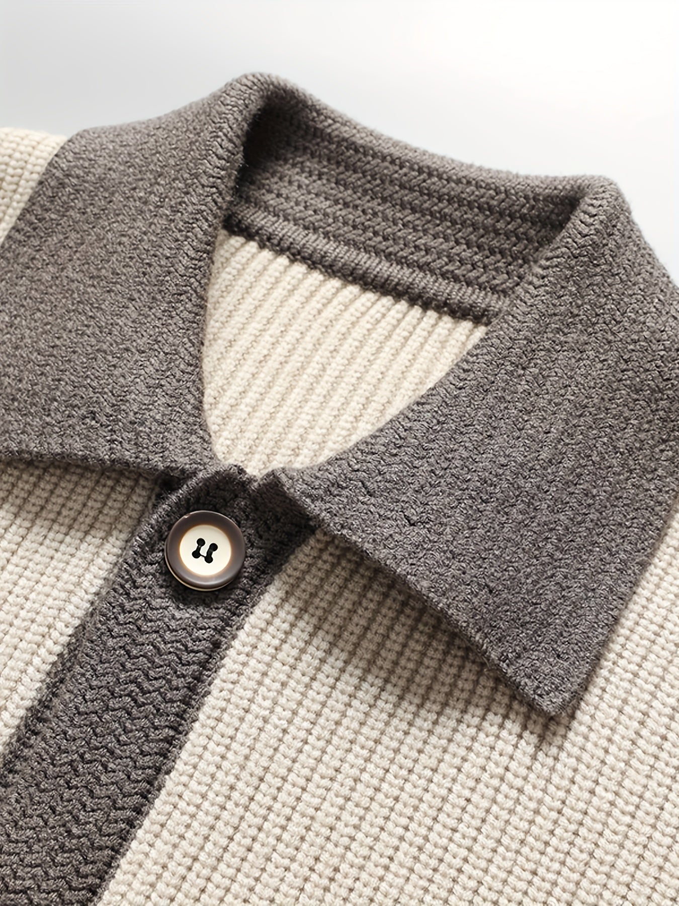 Beige & Charcoal Contrast Collar Waffle Knit Cardigan