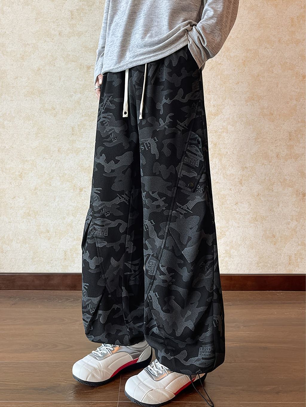 Black Camo Print Oversized Wide-Leg Cargo Pants