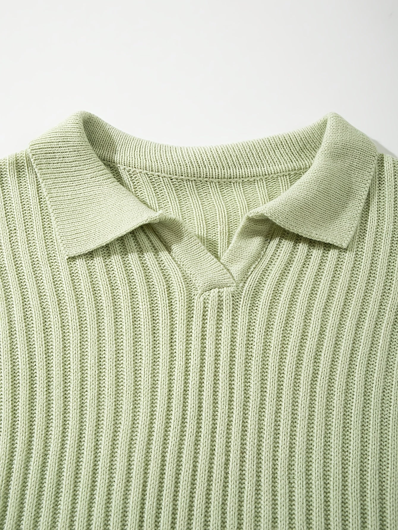 Light Mint Green Vertical Rib Knit Polo Sweater