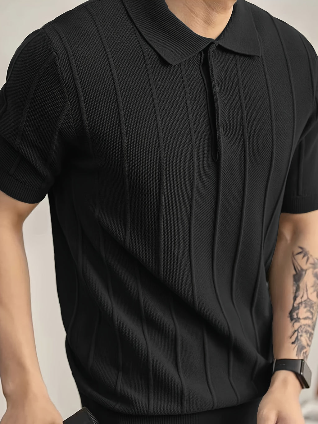 Black Vertical Rib Knit Short-Sleeve Polo Shirt