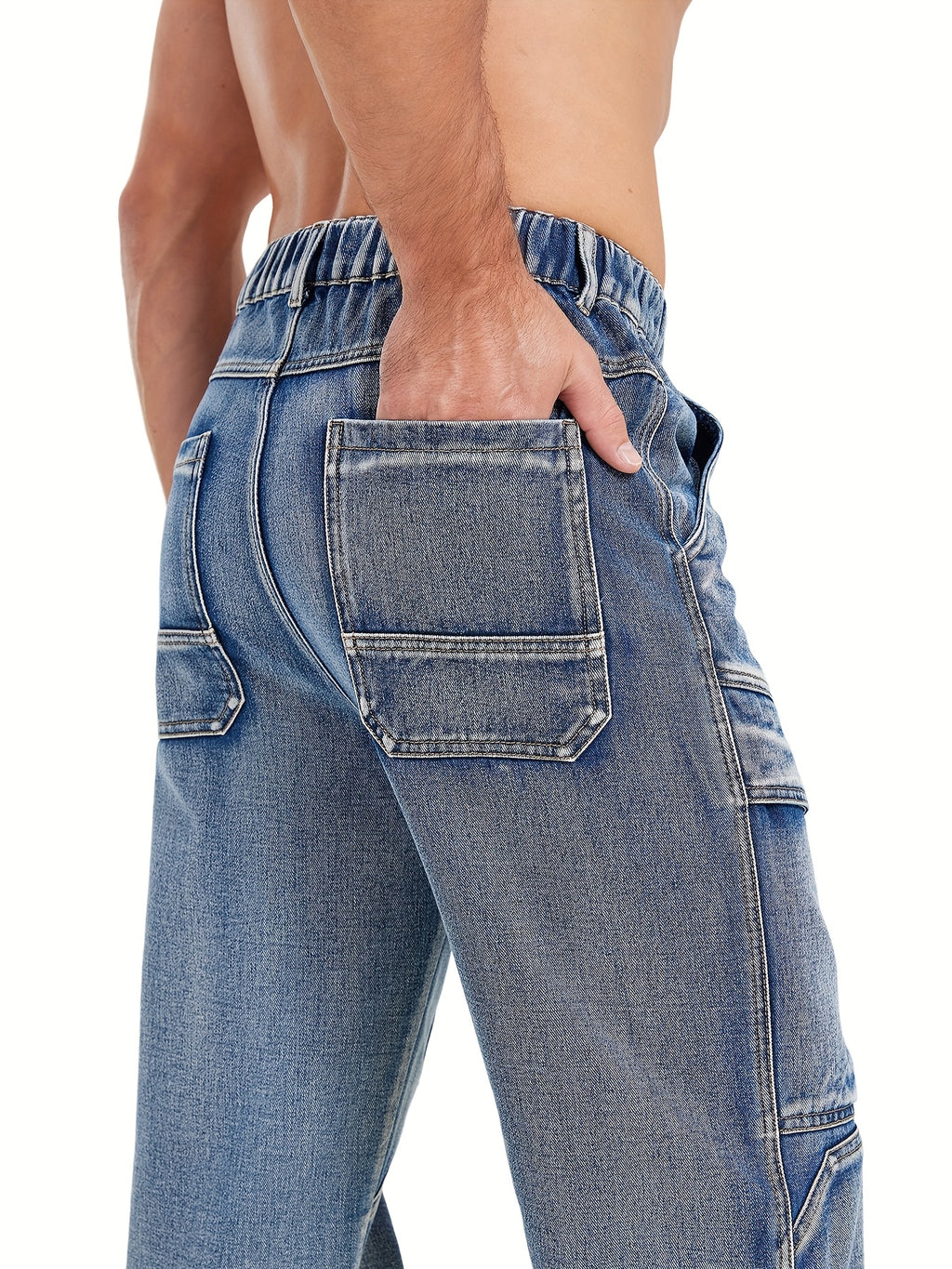 Medium Blue Washed Denim Cargo Jeans with Elastic Waist