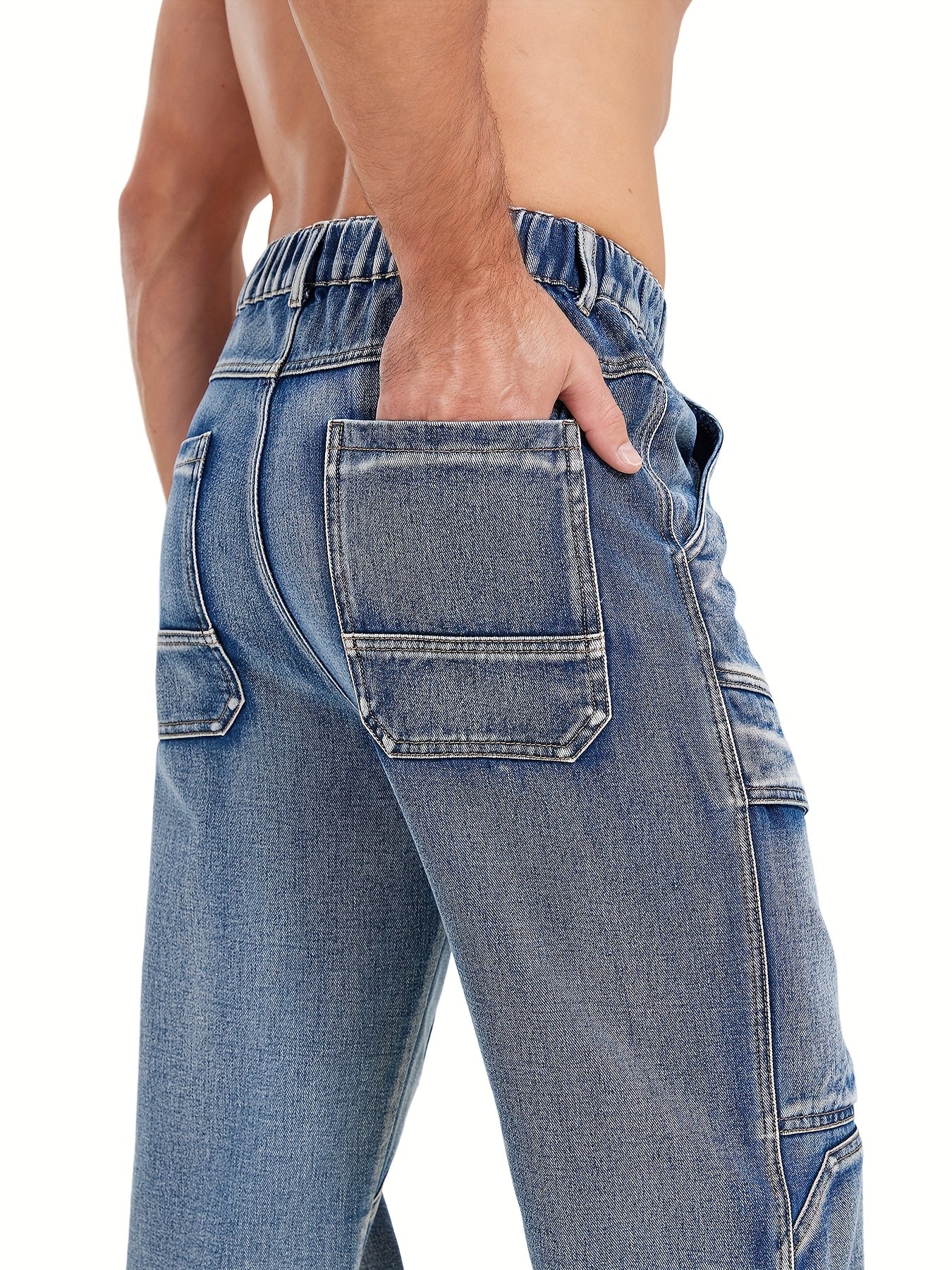 Medium Blue Washed Denim Cargo Jeans with Elastic Waist